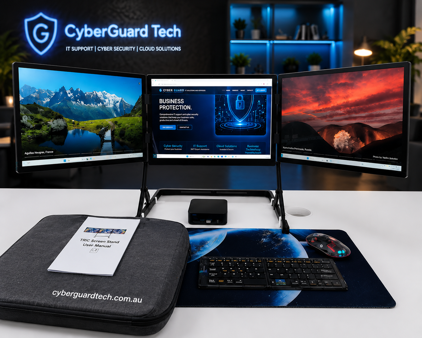 Completed CyberGuard triple-screen workstation